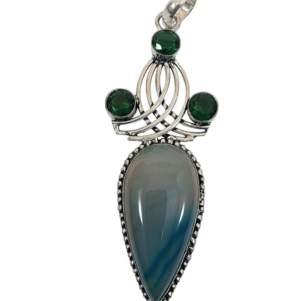 Handmade Silver Pendant with Teardrop Blue Agate and Green Quartz Gemstones Trio
